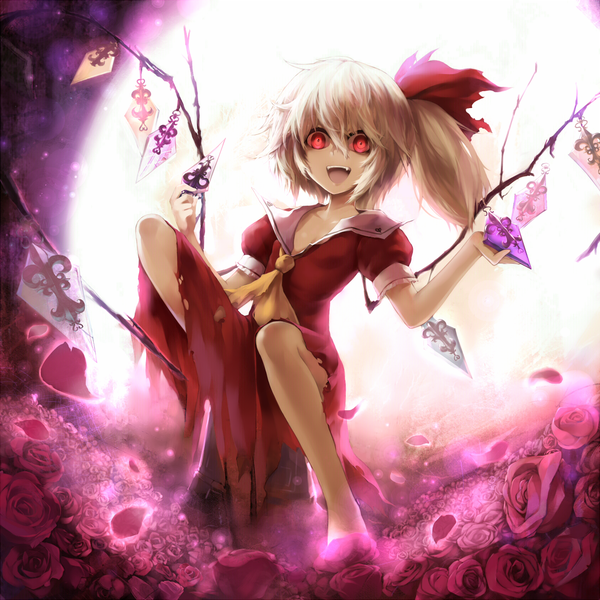 Anime picture 1100x1100 with touhou flandre scarlet suika01 single looking at viewer short hair open mouth blonde hair red eyes girl dress flower (flowers) petals wings rose (roses) moon crystal