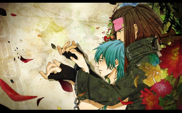 Anime picture 1200x750 with dramatical murder nitro+chiral aoba (dmmd) mink (dmmd) long hair brown hair wide image blue hair multiple boys holding hands shounen ai boy gloves flower (flowers) petals hairband fingerless gloves chain 2 boys bandana