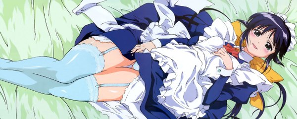 Anime picture 2560x1024 with mahoromatic andou mahoro blush highres light erotic wide image maid thighhighs underwear panties bed