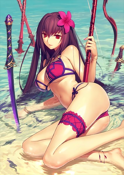 Anime picture 2048x2896 with fate (series) fate/grand order scathach (fate) (all) scathach (swimsuit assassin) (fate) koyama hirokazu single long hair tall image highres breasts light erotic red eyes purple hair hair flower girl navel flower (flowers) weapon swimsuit bikini