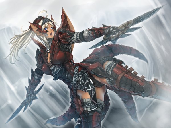 Anime picture 1280x960 with monster hunter rathalos hayama kazusa single long hair open mouth blue eyes light erotic white hair warrior girl thighhighs weapon armor