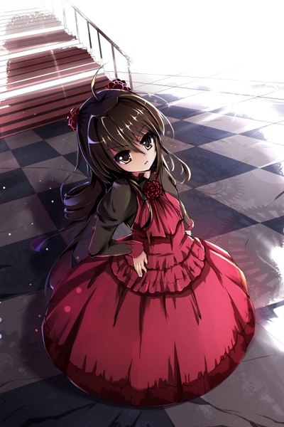 Anime picture 2000x3000 with shakugan no shana j.c. staff shana baisi shaonian single tall image highres black hair standing twintails brown eyes very long hair hair flower girl dress hair ornament flower (flowers) red dress stairs