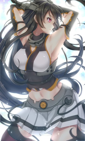 Anime picture 1002x1654 with kantai collection nagato battleship satomachi single long hair tall image black hair red eyes white background looking away profile armpit (armpits) midriff girl thighhighs skirt navel hair ornament