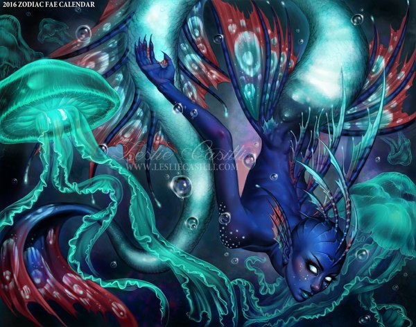 Anime picture 1100x864 with calendar project (enchantress-lele) pisces (calendar project) enchantress-lele single tail lips underwater monster girl white eyes blue skin fish tail bald girl bubble (bubbles) claws jellyfish