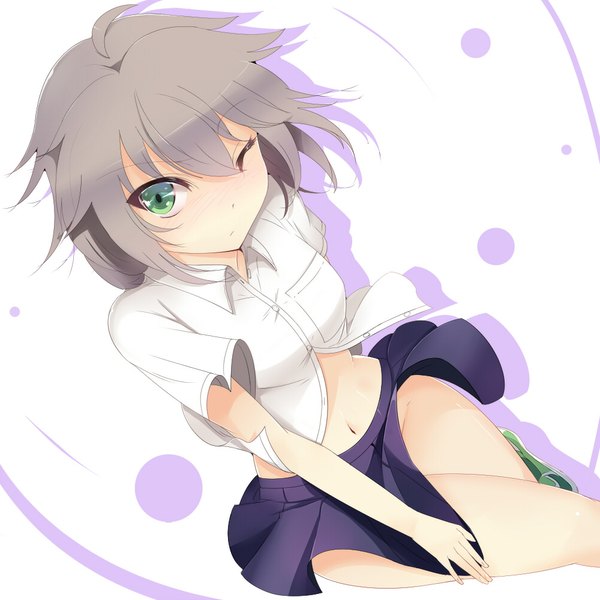 Anime picture 1000x1000 with original sts single long hair blush simple background green eyes one eye closed grey hair wink girl skirt navel miniskirt shirt