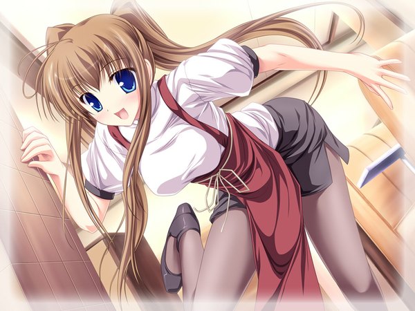 Anime picture 1024x768 with tenmaso long hair blue eyes brown hair twintails high heels waitress pantyhose shoes