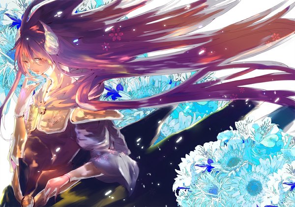 Anime picture 1100x774 with magi the labyrinth of magic a-1 pictures ren koumei nonimushi single long hair looking at viewer fringe red eyes brown hair horn (horns) wind sunlight boy bracelet armor