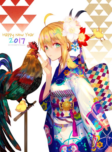 Anime picture 750x1022 with fate (series) fate/stay night artoria pendragon (all) saber astarone single tall image looking at viewer blush fringe short hair simple background blonde hair hair between eyes sitting green eyes ahoge braid (braids) traditional clothes japanese clothes
