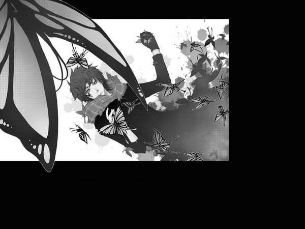 Anime picture 1200x900 with unodu single short hair simple background white background holding lying shadow black background monochrome framed silhouette boy wings scarf insect butterfly coat single glove