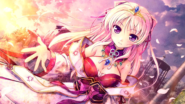 Anime picture 1280x720 with sen no hatou, tsukisome no kouki miyaguni akari bekkankou single long hair fringe light erotic blonde hair wide image purple eyes game cg sky cloud (clouds) wind wide sleeves evening sunset girl bow ribbon (ribbons)