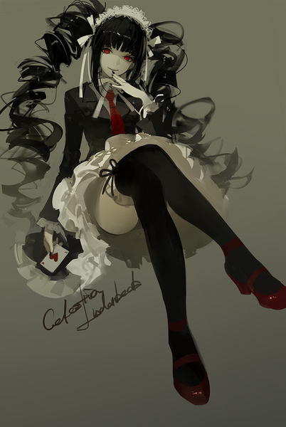 Anime picture 670x1000 with dangan ronpa celestia ludenberg ask (askzy) single long hair tall image looking at viewer fringe light erotic black hair simple background red eyes sitting twintails full body nail polish head tilt fingernails light smile grey background