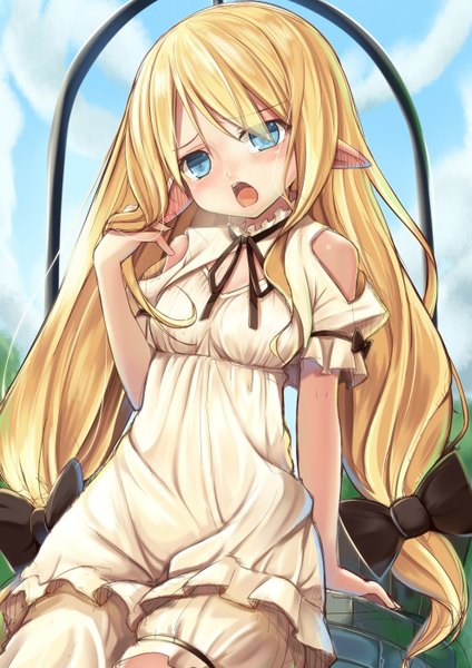 Anime picture 992x1403 with original pastel-pastel single long hair tall image blush open mouth blue eyes blonde hair bare shoulders pointy ears girl dress bow hair bow