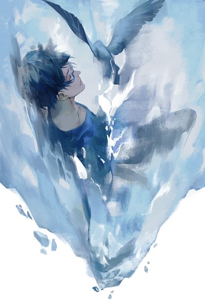 Anime picture 800x1199 with zankyou no terror mappa nine naked cat single tall image short hair blue hair eyes closed from above lips boy animal glasses bird (birds) crow