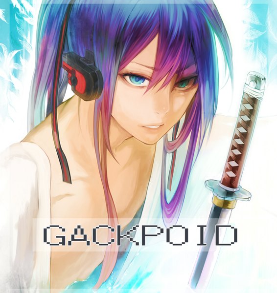 Anime picture 1275x1350 with vocaloid kamui gakupo tcb (pixiv) single long hair tall image blue eyes blue hair pink hair multicolored hair inscription topless boy weapon sword headphones katana