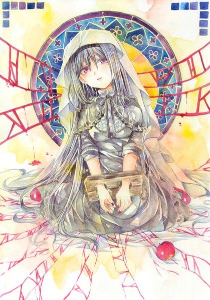 Anime picture 1000x1430 with mahou shoujo madoka magica shaft (studio) akemi homura n-mix single tall image looking at viewer fringe red eyes sitting very long hair fingernails grey hair kneeling long fingernails restrained girl dress fruit apple