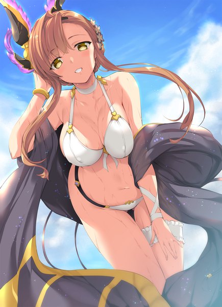 Anime picture 1262x1739 with granblue fantasy song (granblue fantasy) nakano sora single long hair tall image looking at viewer breasts light erotic brown hair large breasts yellow eyes sky cloud (clouds) parted lips wet leaning leaning forward covered nipples ass visible through thighs