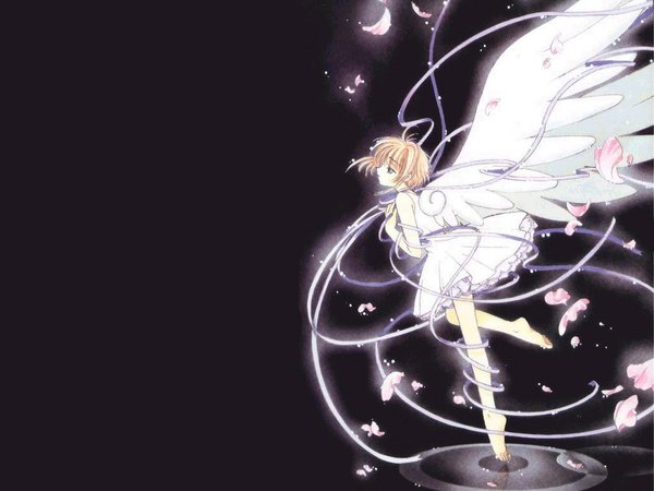 Anime picture 1024x768 with card captor sakura clamp kinomoto sakura black background ribbon (ribbons) petals wings