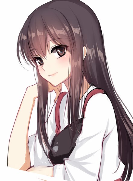Anime picture 600x815 with kantai collection akagi aircraft carrier mallizmora single long hair tall image looking at viewer blush fringe simple background smile brown hair white background brown eyes payot upper body traditional clothes japanese clothes arm support lipstick