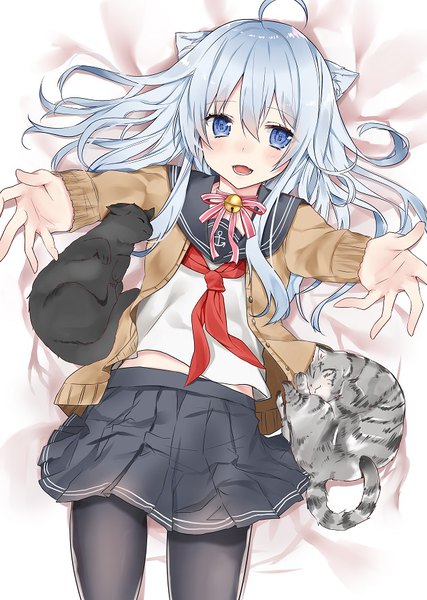 Anime picture 627x881 with kantai collection hibiki destroyer nanakagura single long hair tall image blush fringe open mouth blue eyes hair between eyes animal ears silver hair ahoge lying cat ears on back spread arms kemonomimi mode nekomimi mode