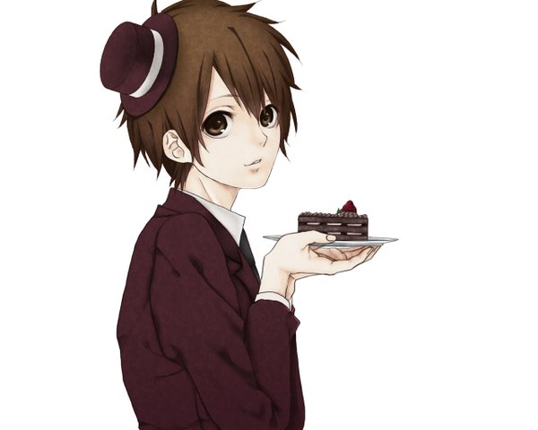 Anime picture 1280x1024 with original monqkq looking at viewer short hair smile brown hair white background brown eyes lens flare boy hat necktie food sweets suit berry (berries) cake strawberry plate