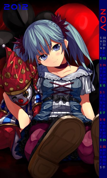 Anime picture 2700x4500 with vocaloid karakuri pierrot (vocaloid) vocaloid calendar 2012 hatsune miku single long hair tall image looking at viewer blush highres blue eyes smile sitting twintails aqua hair calendar 2012 girl dress shoes toy