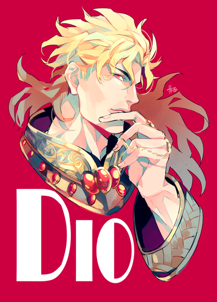 Anime picture 600x833 with jojo no kimyou na bouken dio brando takashi (huzakenna) single long hair tall image looking at viewer blonde hair simple background red eyes signed profile character names finger to mouth red background boy chain ring