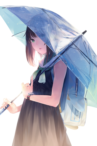 Anime picture 865x1300 with original sousou (sousouworks) single tall image looking at viewer fringe short hair simple background brown hair white background holding green eyes blunt bangs parted lips sleeveless transparent umbrella girl dress umbrella bag
