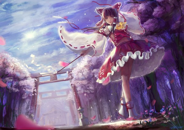 Anime picture 1400x990 with touhou hakurei reimu cicada single long hair looking at viewer fringe brown hair brown eyes sky traditional clothes legs cherry blossoms soft beauty girl skirt hair ornament flower (flowers) bow plant (plants)