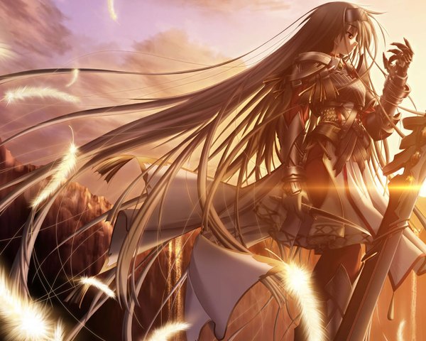 Anime picture 1280x1024 with tagme (artist) single long hair black hair red eyes sky cloud (clouds) grey hair sunlight rock waterfall girl weapon sword water armor feather (feathers) cloak knife