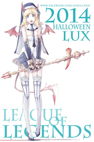 Anime picture 1332x2000 with league of legends lux (league of legends) loiza single long hair tall image looking at viewer blush blue eyes blonde hair simple background white background tail horn (horns) halloween demon tail demon wings girl thighhighs dress