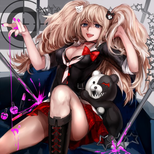 Anime picture 1500x1500 with dangan ronpa enoshima junko monokuma tcb (pixiv) single long hair breasts open mouth blue eyes blonde hair twintails nail polish girl skirt hair ornament bow necktie boots toy stuffed animal