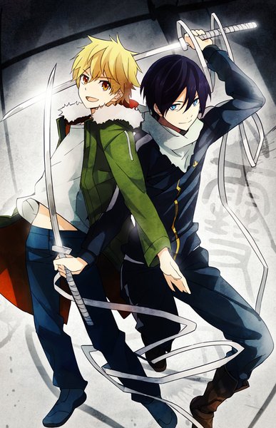 Anime picture 645x1000 with noragami studio bones yato (noragami) yukine (noragami) takerusilt tall image looking at viewer fringe short hair open mouth blue eyes black hair blonde hair smile hair between eyes full body orange hair open jacket multiple boys character names