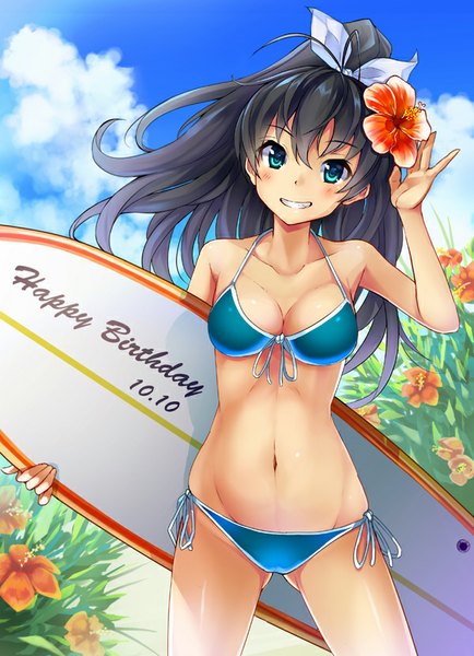 Anime picture 600x829 with idolmaster ganaha hibiki mirai denki single long hair tall image looking at viewer blush breasts blue eyes light erotic black hair smile sky cloud (clouds) ahoge ponytail hair flower ass visible through thighs summer