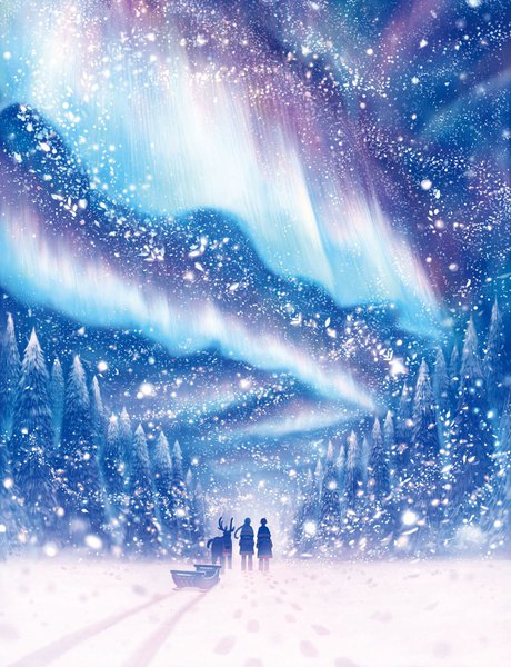 Anime picture 854x1113 with original bounin long hair tall image short hair multiple girls sky ponytail from behind night night sky snowing winter blue background snow walking footprints aurora borealis girl 2 girls