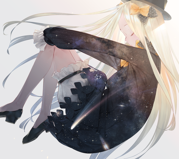 Anime picture 1500x1334 with fate (series) fate/grand order abigail williams (fate) sousou (sousouworks) single blonde hair simple background eyes closed long sleeves very long hair profile grey background hand on knee shooting star midair starry sky print space print double exposure girl dress