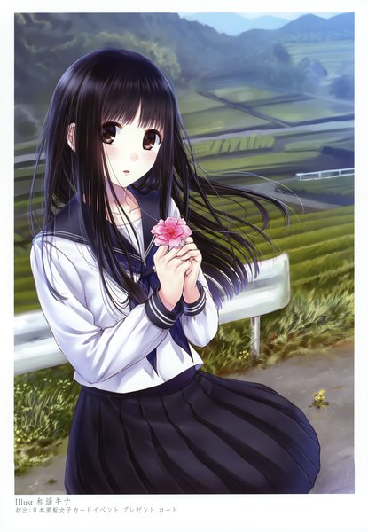 Anime picture 2406x3475 with original kazuharu kina single long hair tall image looking at viewer blush highres black hair brown eyes scan girl flower (flowers) serafuku