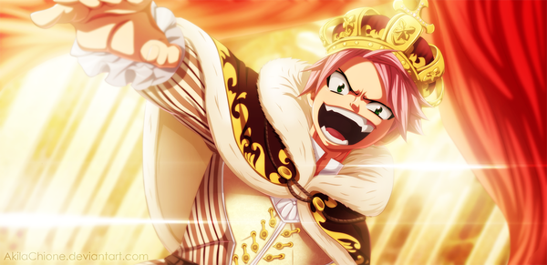 Anime picture 1500x729 with fairy tail natsu dragneel akilachione single short hair open mouth smile wide image green eyes pink hair sunlight coloring boy fur crown