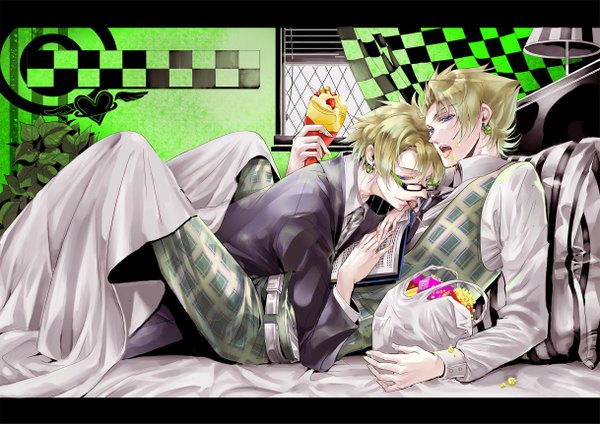 Anime picture 2436x1722 with dramatical murder nitro+chiral trip (dramatical murder) virus (dramatical murder) highres short hair open mouth blue eyes blonde hair smile multiple boys reclining food on face boy glasses necktie food window sweets pillow