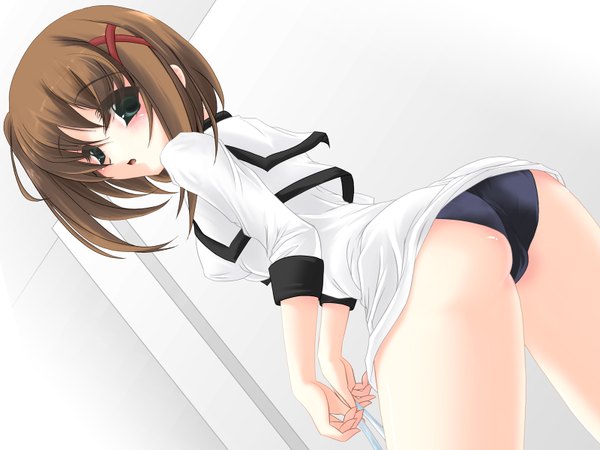 Anime picture 1600x1200 with mahou shoujo lyrical nanoha yagami hayate tagme (artist) highres light erotic brown hair ass wallpaper bent over girl underwear panties x hair ornament