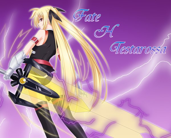 Anime picture 1000x808 with mahou shoujo lyrical nanoha mahou shoujo lyrical nanoha strikers fate testarossa amicis single long hair blonde hair red eyes twintails lightning girl thighhighs gloves weapon black thighhighs sword