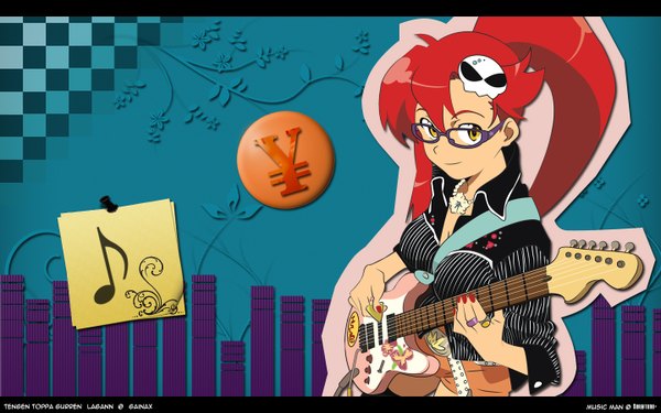 Anime picture 1440x900 with tengen toppa gurren lagann gainax yoko littner wide image yellow eyes red hair music glasses guitar