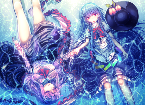 Anime picture 1690x1230 with touhou hinanawi tenshi nagae iku t.m (aqua6233) long hair looking at viewer blush open mouth smile red eyes purple eyes multiple girls blue hair purple hair :d :o partially submerged holding hands frilly skirt hat removed