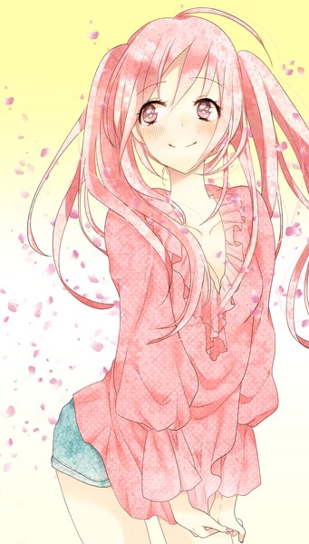 Anime picture 1235x2168 with vocaloid hatsune miku sakura miku koko (kotobutyann) single long hair tall image blush smile twintails looking away pink hair ahoge pink eyes wind girl petals shorts