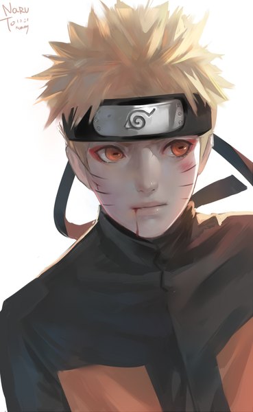 Anime picture 1181x1920 with naruto studio pierrot naruto (series) uzumaki naruto kamachi kamachi-ko single tall image short hair simple background blonde hair white background signed looking away lips orange eyes facial mark dated whisker markings blood on face jinchuriki