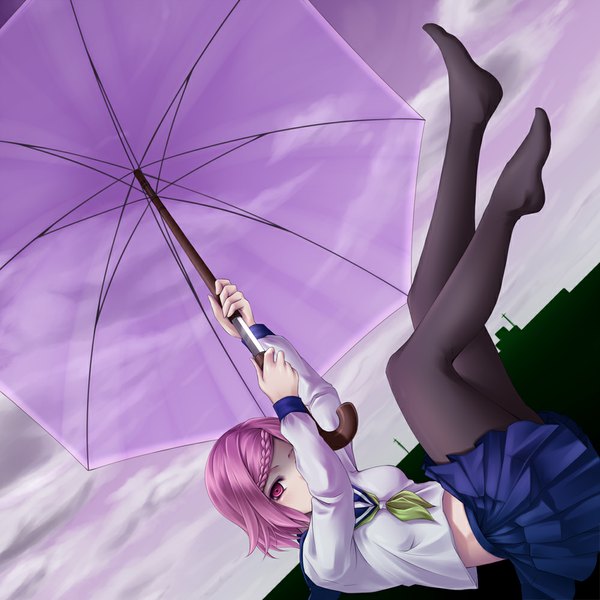 Anime picture 1000x1000 with mochi.f single short hair pink hair braid (braids) pink eyes barefoot falling transparent umbrella girl skirt miniskirt pantyhose serafuku black pantyhose umbrella