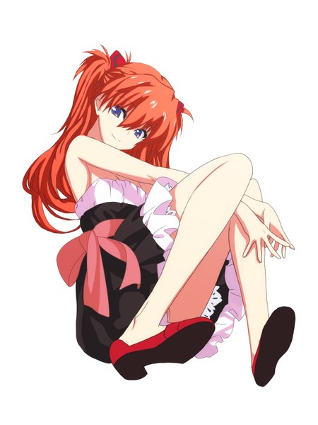 Anime picture 2400x3200 with neon genesis evangelion rebuild of evangelion evangelion: 2.0 you can (not) advance end of evangelion gainax soryu asuka langley shikinami asuka langley single long hair tall image looking at viewer fringe highres blue eyes simple background smile white background sitting bare shoulders red hair
