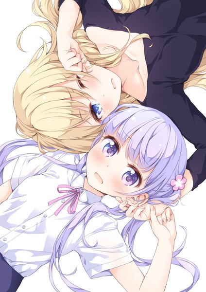 Anime picture 706x1000 with new game! doga kobo suzukaze aoba yagami kou tokunou shoutarou long hair tall image blush fringe open mouth simple background blonde hair hair between eyes white background purple eyes twintails multiple girls purple hair lying one eye closed