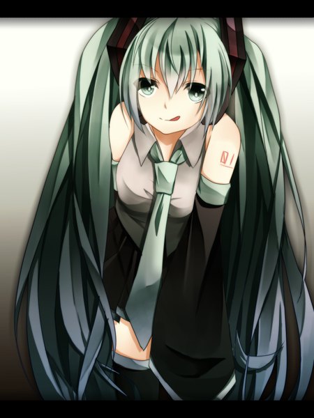 Anime picture 1536x2048 with vocaloid hatsune miku mayu0902 single tall image looking at viewer twintails very long hair aqua eyes aqua hair :p girl detached sleeves necktie tongue