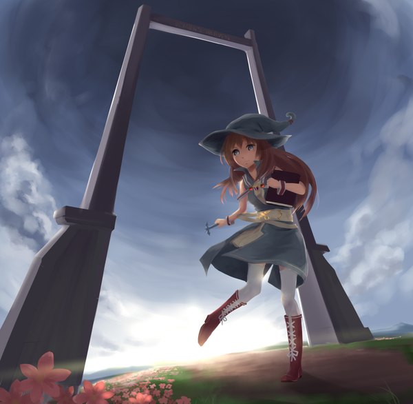 Anime picture 1842x1800 with original ashzone single long hair fringe highres blue eyes smile brown hair sky cloud (clouds) sunlight lacing sunbeam running field sunrise girl thighhighs flower (flowers)