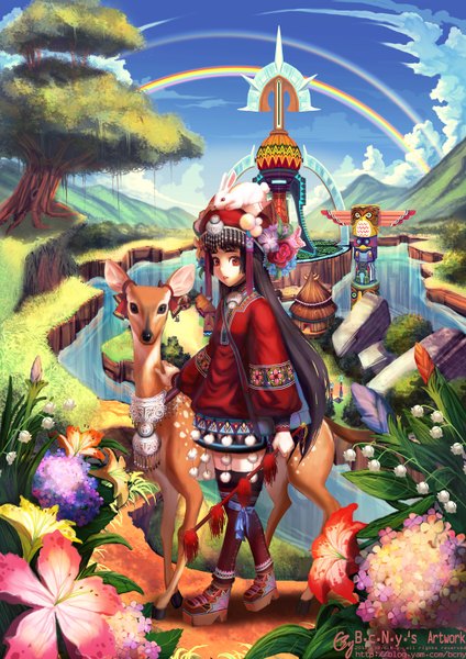 Anime picture 1060x1500 with original b.c.n.y. (bcnyart) single long hair tall image looking at viewer open mouth black hair red eyes signed sky cloud (clouds) long sleeves traditional clothes mountain girl flower (flowers) bow plant (plants) tree (trees)